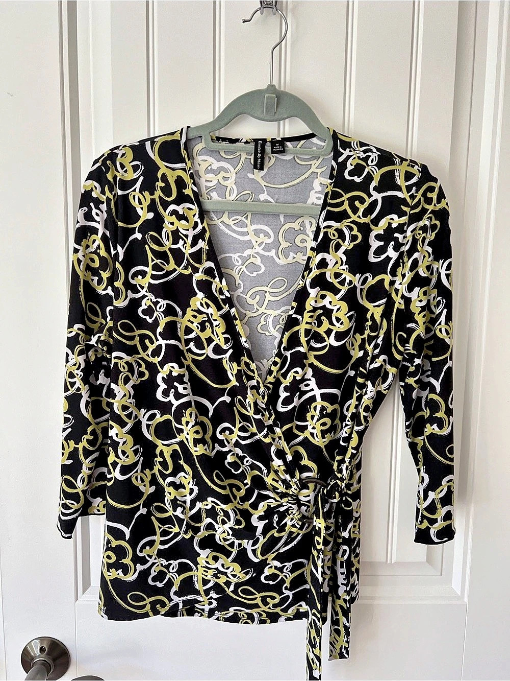 Essentials by Milano New York Printed Wrap Blouse in Black & Yellow Size Medium-